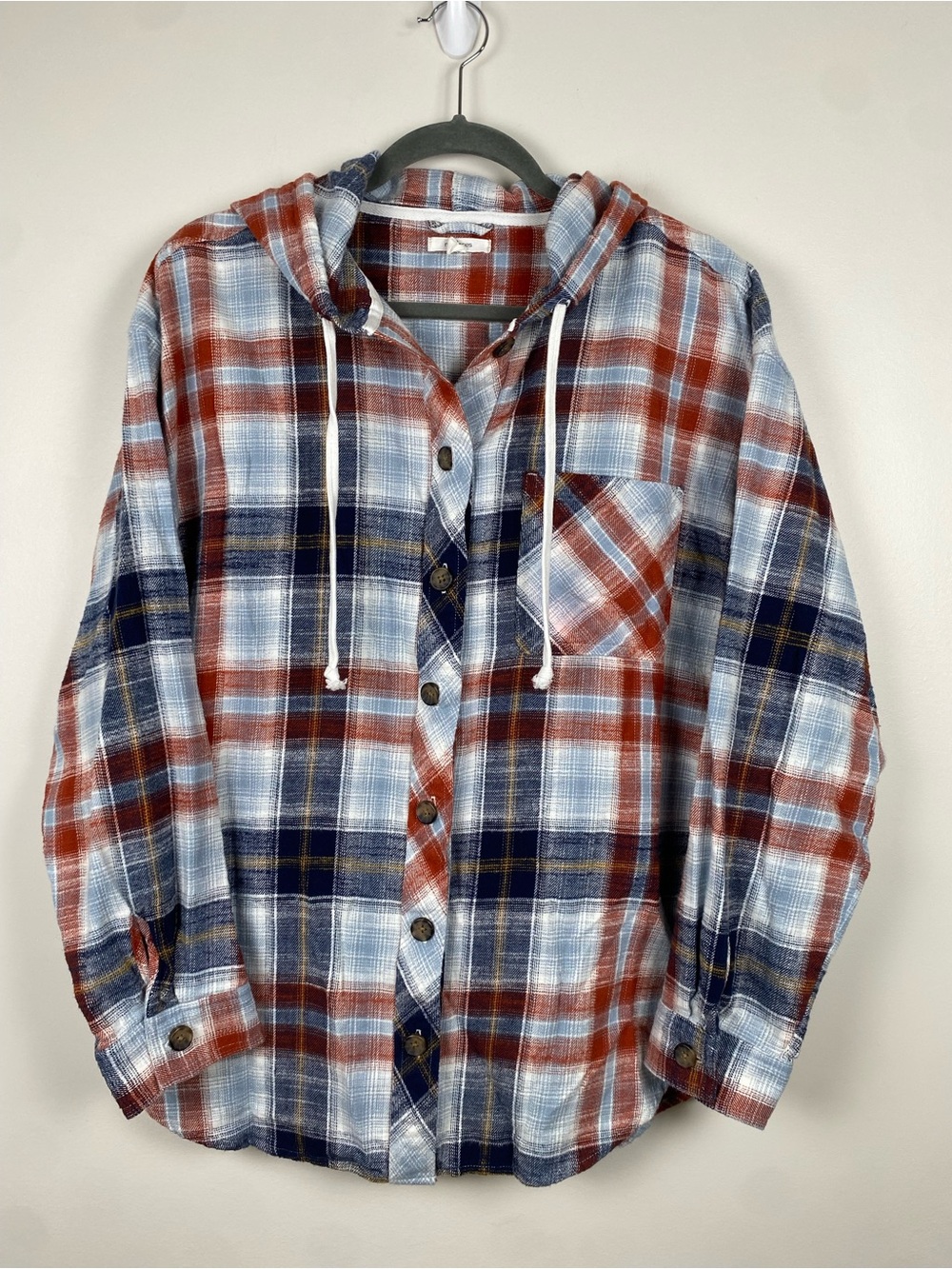 Maurice's‎ Plaid Hooded Button-Front Shirt - Rust, Navy & White XL